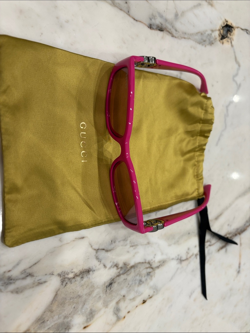 Gucci Hot Pink Rectangular Sunglasses with silver Temples
